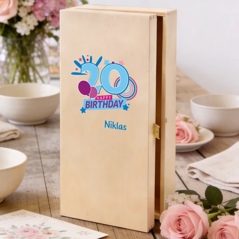 Geschenkset zum 20/30/40/50/60 Geburtstag mit graviertem Sektglas in Holzbox