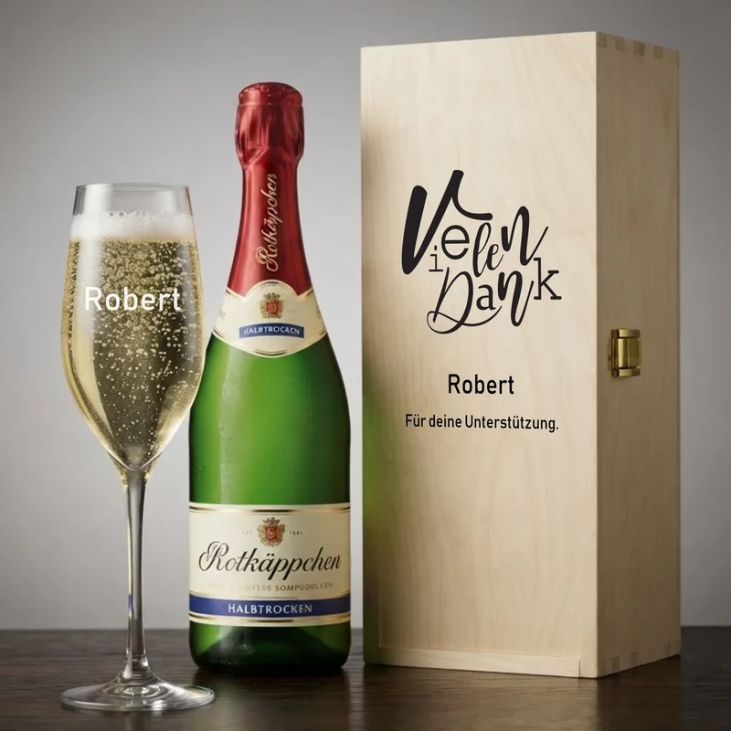 Geschenkset "Danke" mit personalisiertem Sektglas und Holzkiste
