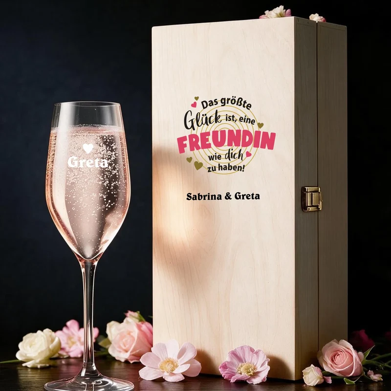 Individuelles Sektgeschenk für deine Freundin mit Sektglas und Holzbox