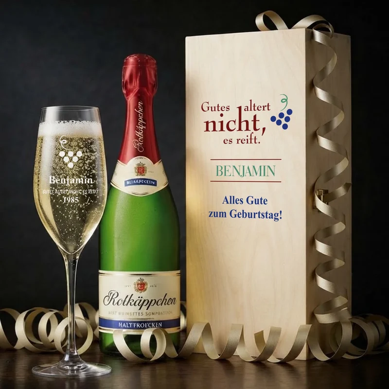 Bedrucktes Sektgeschenk zum Geburtstag mit Holzbox und Sektgläser