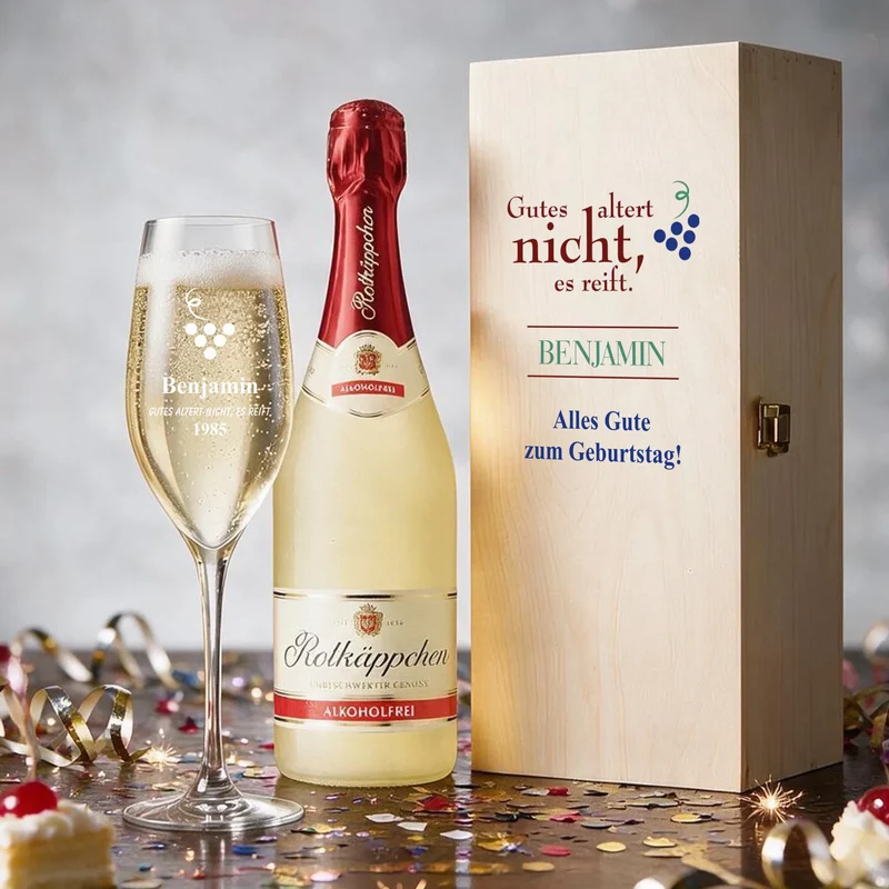 Bedrucktes Sektgeschenk zum Geburtstag mit Holzbox und Sektgläser