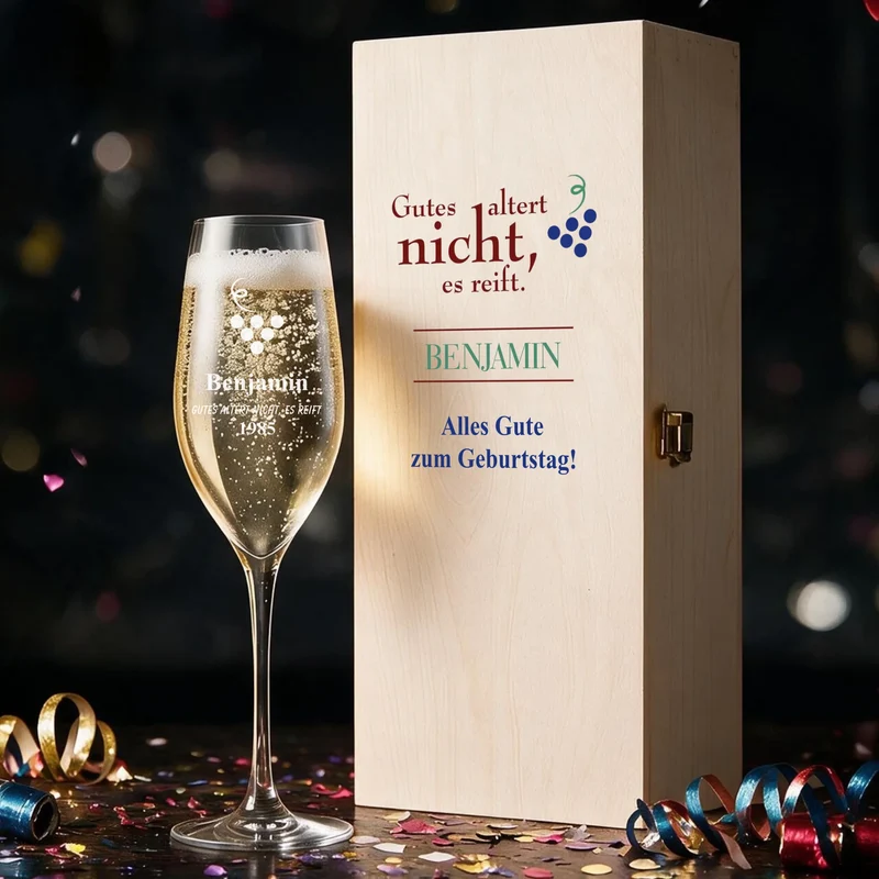 Bedrucktes Sektgeschenk zum Geburtstag mit Holzbox und Sektgläser