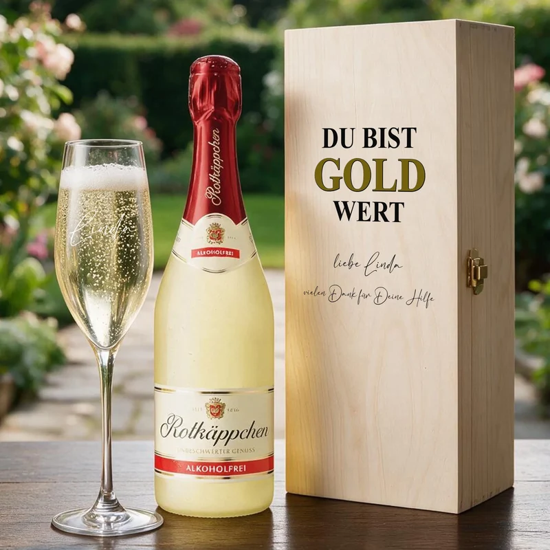 Individuell bedrucktes Sektgeschenk Du bist gold wert in Holzbox