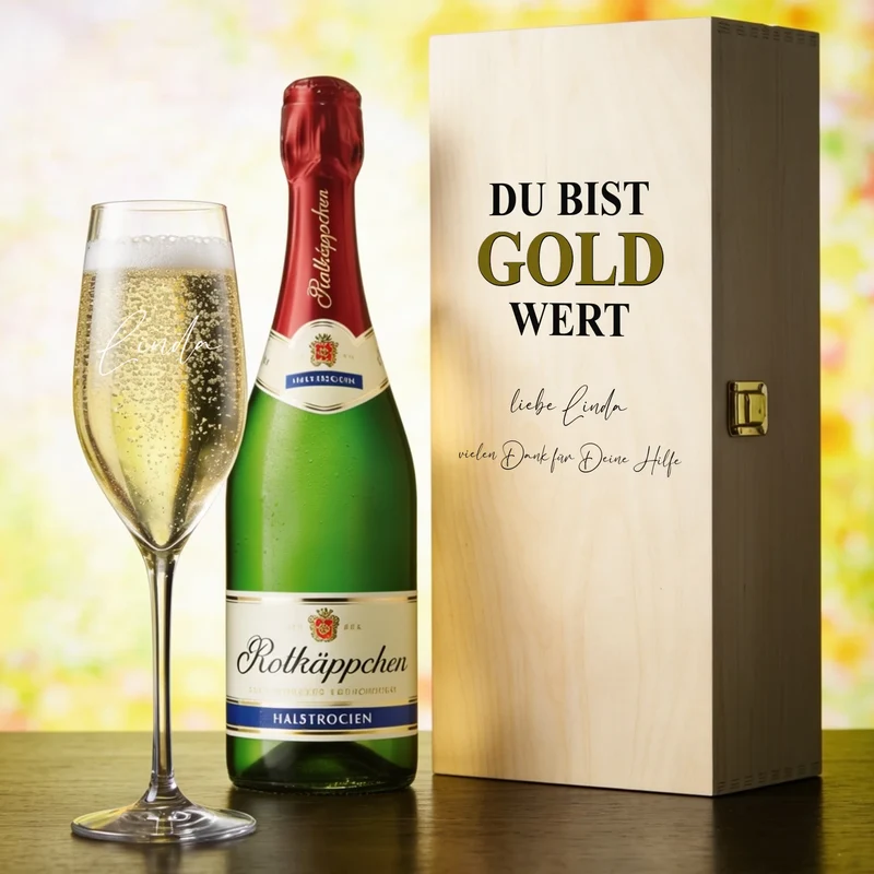 Individuell bedrucktes Sektgeschenk Du bist gold wert in Holzbox