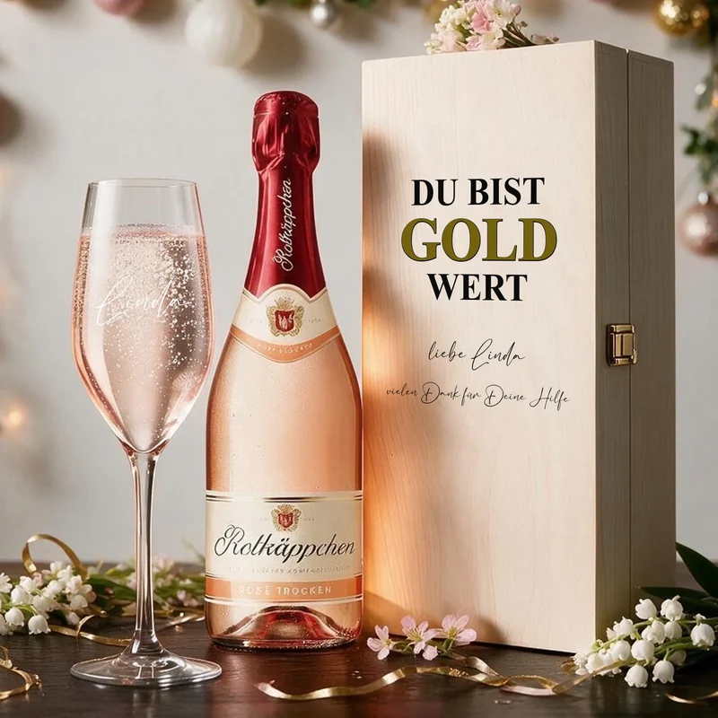 Individuell bedrucktes Sektgeschenk Du bist gold wert in Holzbox