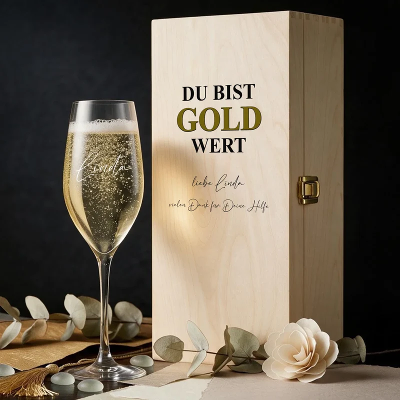 Individuell bedrucktes Sektgeschenk Du bist gold wert in Holzbox