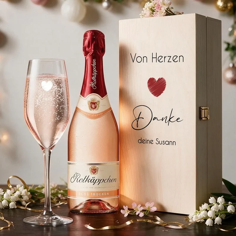 Personalisiertes Sekt-Geschenkset in bedruckter Holzbox mit Namen und Text