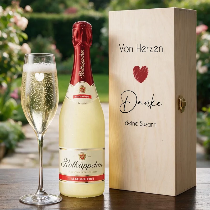 Personalisiertes Sekt-Geschenkset in bedruckter Holzbox mit Namen und Text