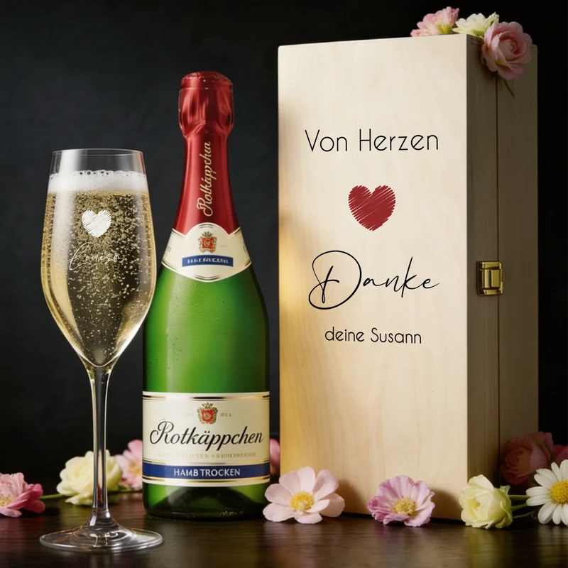 Personalisiertes Sekt-Geschenkset in bedruckter Holzbox mit Namen und Text