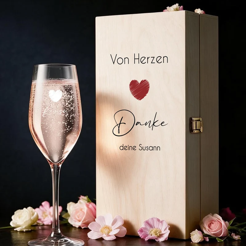 Personalisiertes Sekt-Geschenkset in bedruckter Holzbox mit Namen und Text