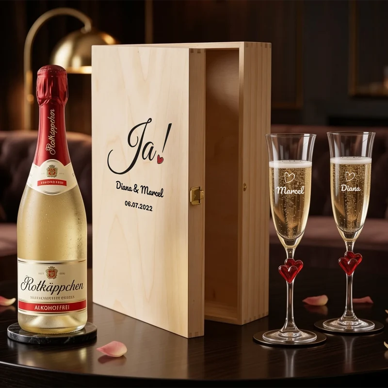 Sekt Geschenkset zur Hochzeit mit bedruckter Holzkiste und gravierten Gläsern