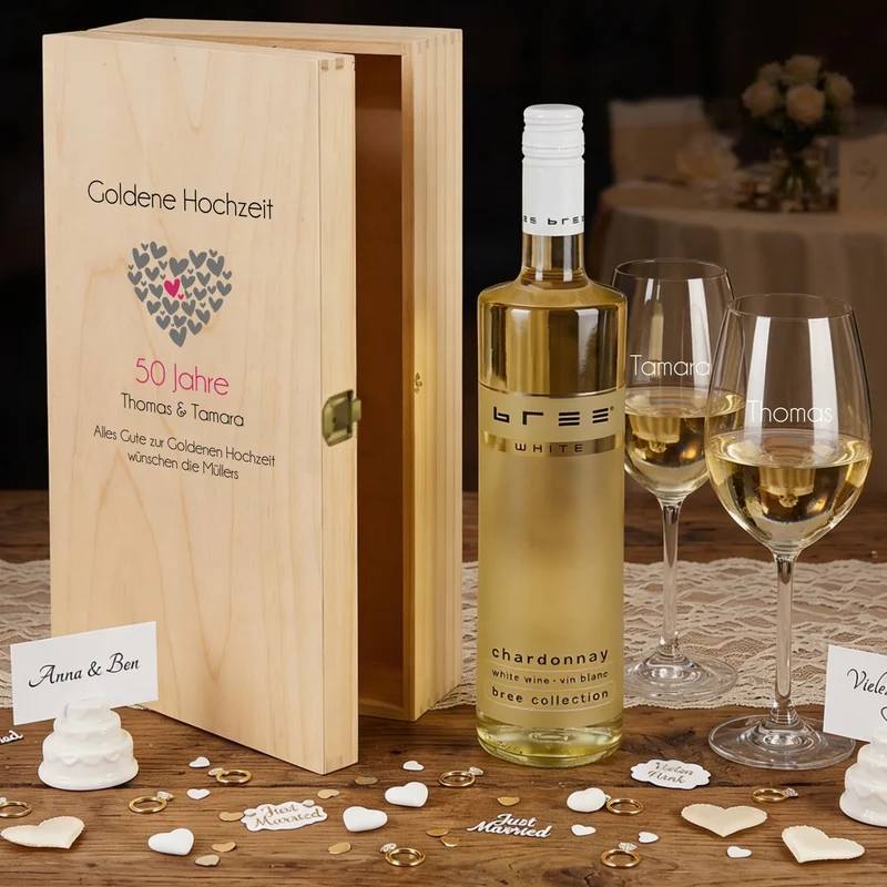 Weinset zur goldenen / silbernen Hochzeit mit Gläsern und Holzbox personalisiert