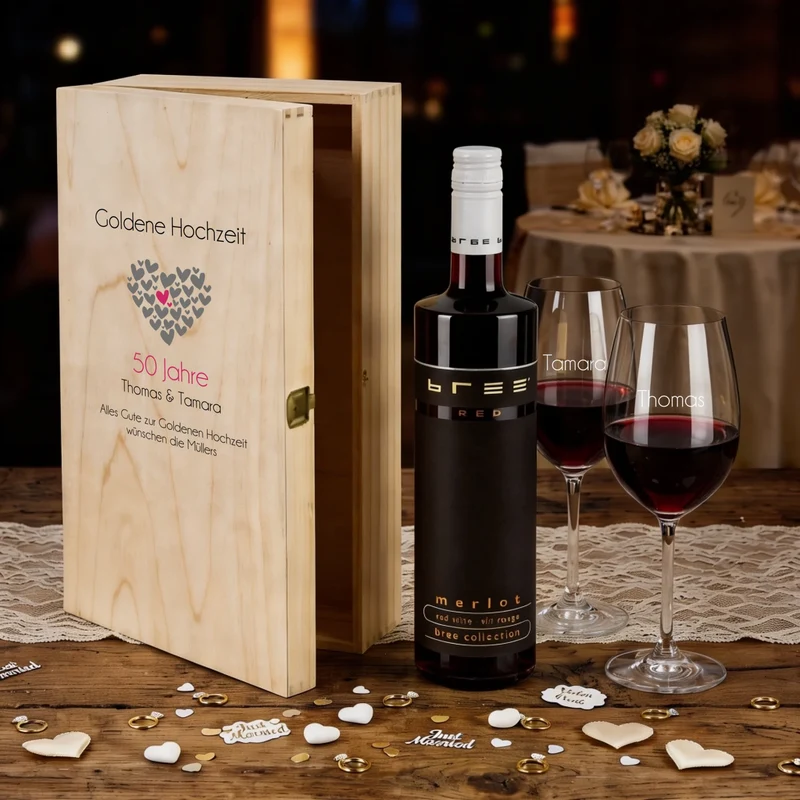 Weinset zur goldenen / silbernen Hochzeit mit Gläsern und Holzbox personalisiert
