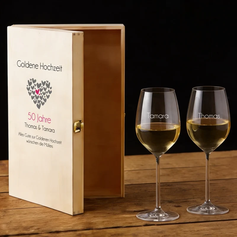 Weinset zur goldenen / silbernen Hochzeit mit Gläsern und Holzbox personalisiert