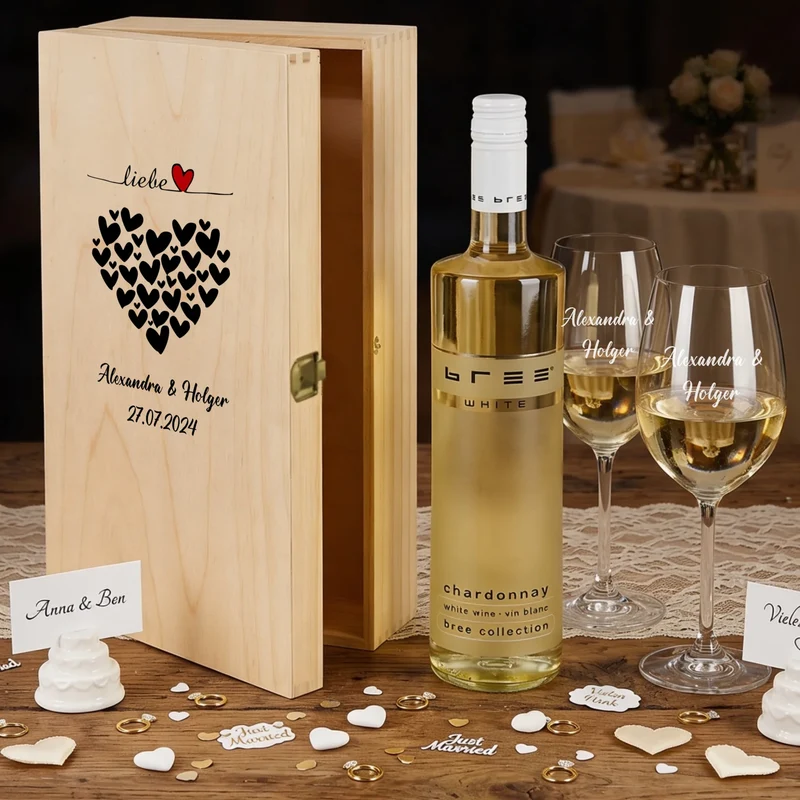 Weinset BREE zur Hochzeit mit gravierten Gläsern und bedruckter Holzbox