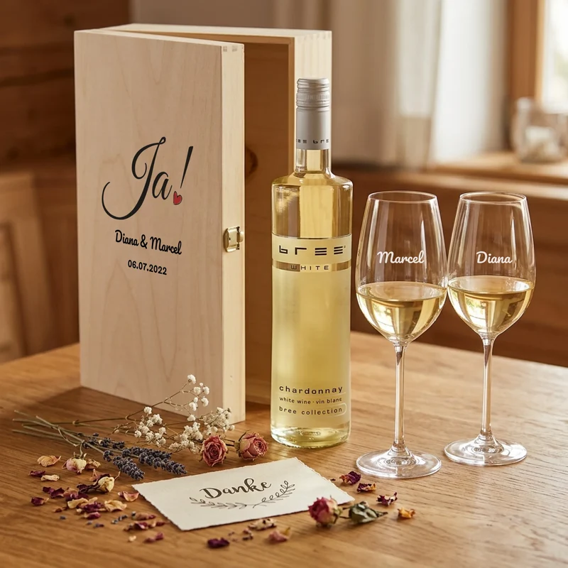 Holzkiste und Weingläser "Ja" mit Bree zur Hochzeit mit deinen Namen