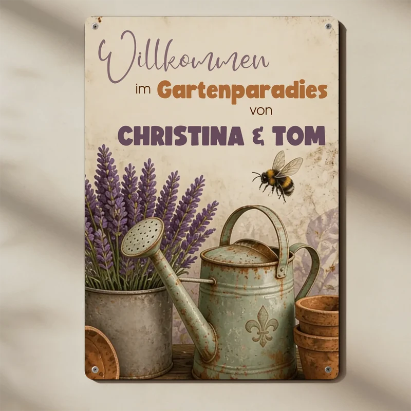 Personalisiertes Garten Blechschild mit Namen | Lavendel | Bienen