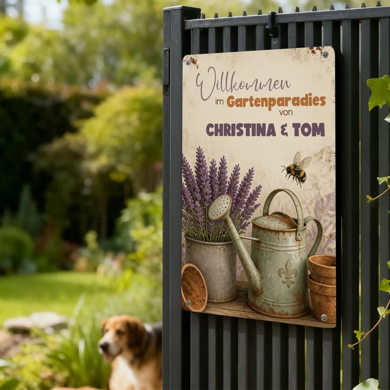 Personalisiertes Garten Blechschild mit Namen | Lavendel | Bienen