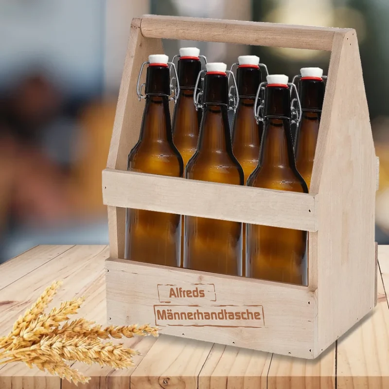 Männerhandtasche, Flaschenträger Holz mit Gravur
