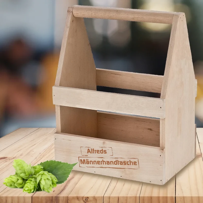 Männerhandtasche, Flaschenträger Holz mit Gravur