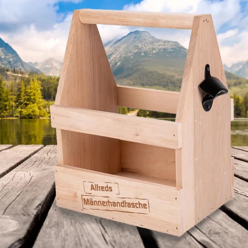 Männerhandtasche, Flaschenträger Holz mit Gravur