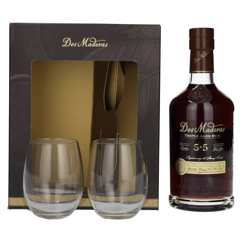Dos Maderas PX 5+5 Years Old Triple Aged Spirit Drink 40% Vol. 0,7l in Geschenkbox mit 2 Gläsern