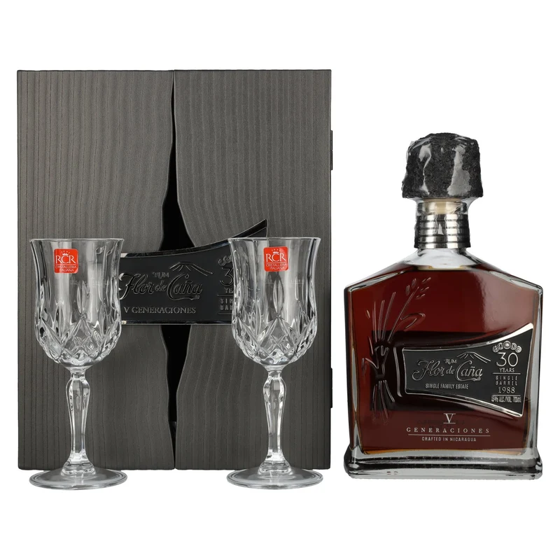 Flor de Caña 30 Years Old V Generaciones Single Barrel 1988 45% Vol. 0,7l in Geschenkbox mit 2 Stielgläsern
