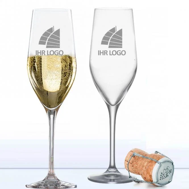 Sektgläser / Champagnergläser Set mit 2er Holzkiste und Gravur deines Logos / Designs