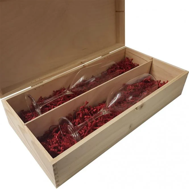 Sektgläser / Champagnergläser Set mit 2er Holzkiste und Gravur deines Logos / Designs