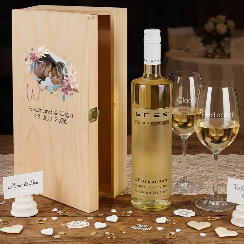 Weinset mit 2 gravierten Gläsern und bedruckter Holzbox mit Foto