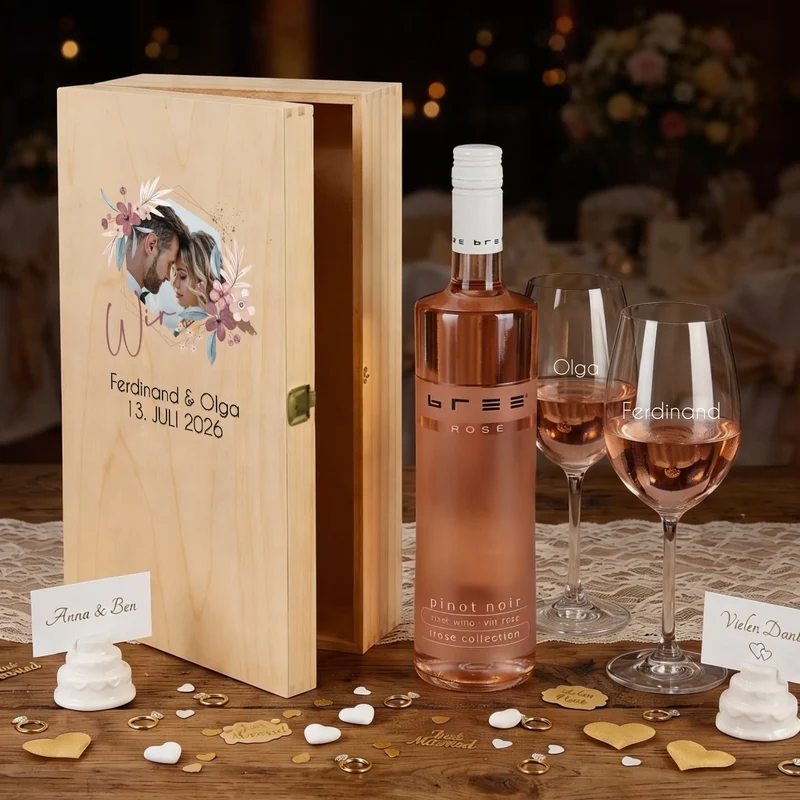 Weinset mit 2 gravierten Gläsern und bedruckter Holzbox mit Foto