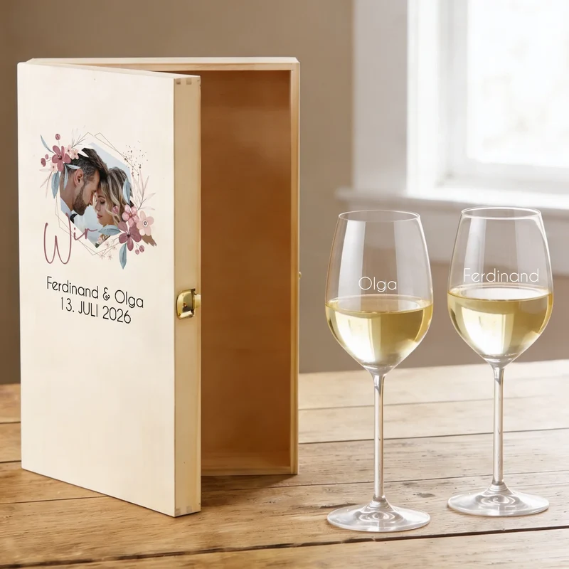 Weinset mit 2 gravierten Gläsern und bedruckter Holzbox mit Foto