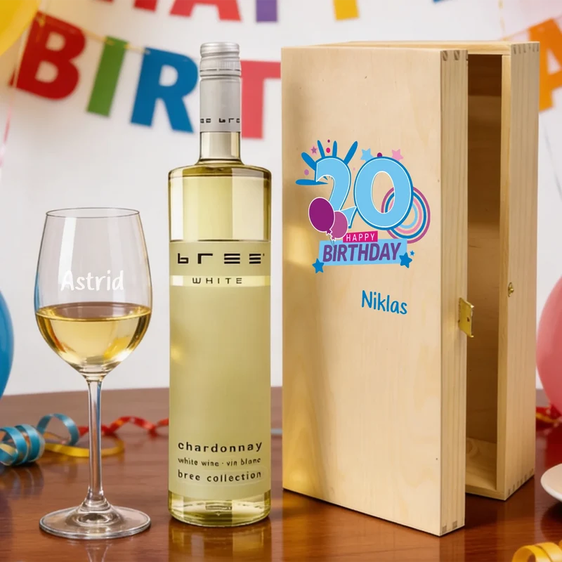 Individuelles Bree-Weinset mit bedruckter Holzkiste und graviertem Glas zum Geburtstag