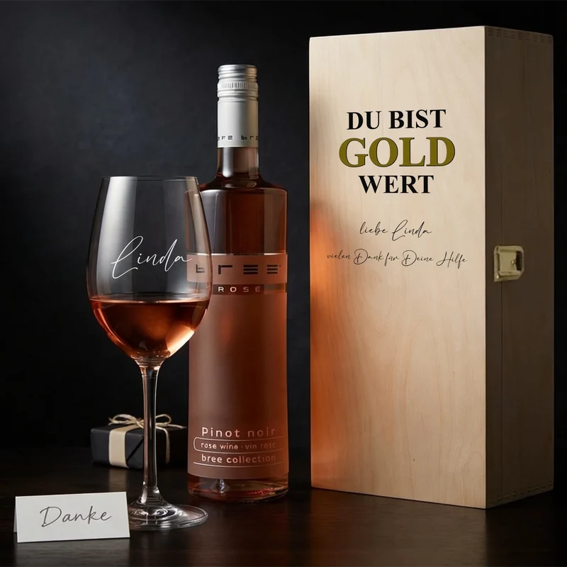Persönliches Weinset mit bedruckter Holzkiste und graviertem Glas