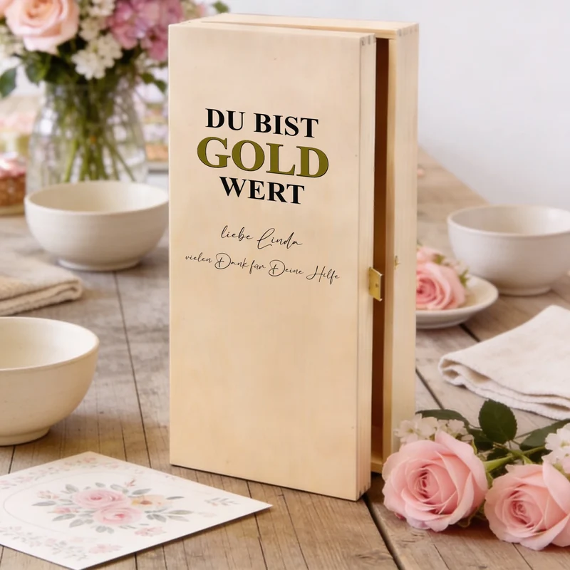 Persönliches Weinset mit bedruckter Holzkiste und graviertem Glas