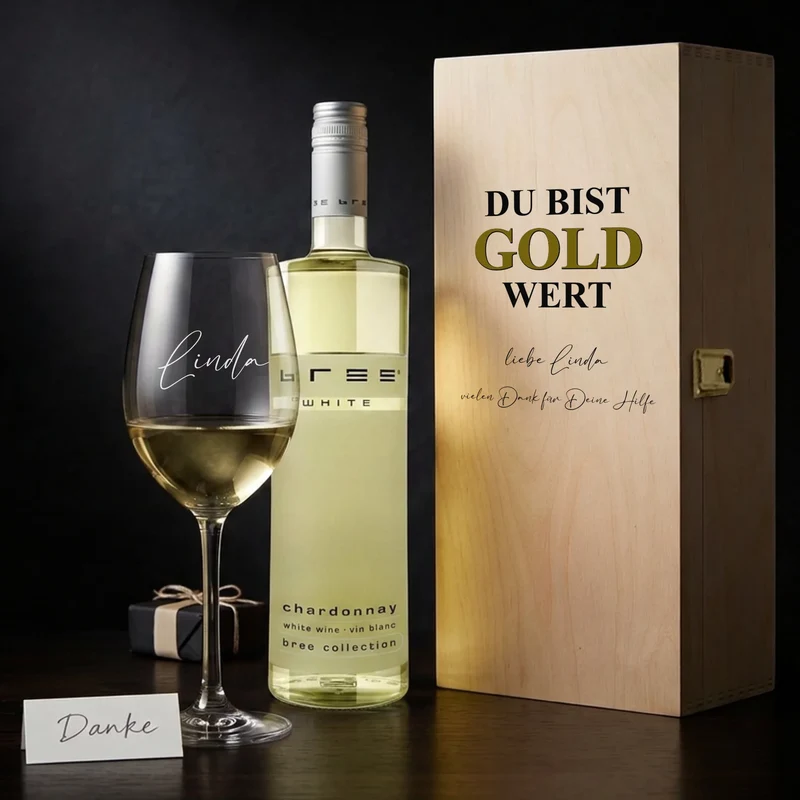 Persönliches Weinset mit bedruckter Holzkiste und graviertem Glas