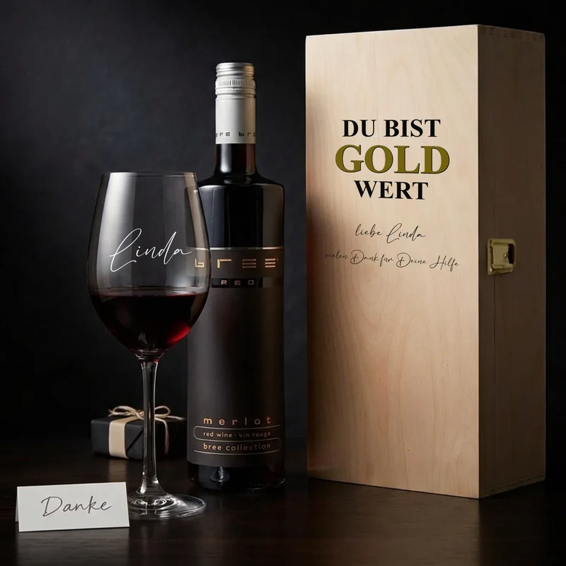 Persönliches Weinset mit bedruckter Holzkiste und graviertem Glas