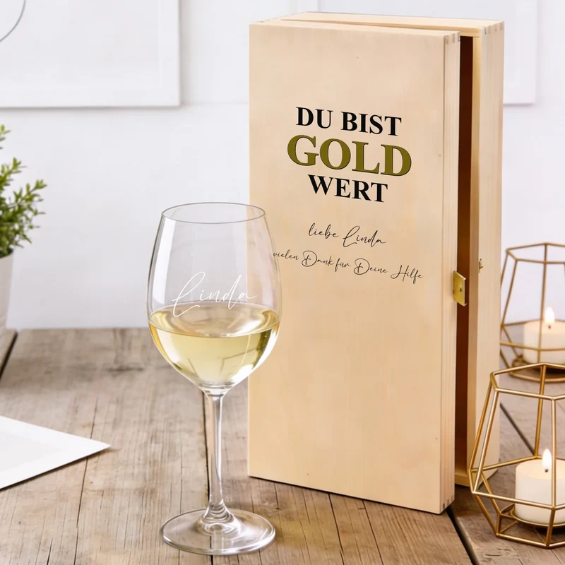 Persönliches Weinset mit bedruckter Holzkiste und graviertem Glas