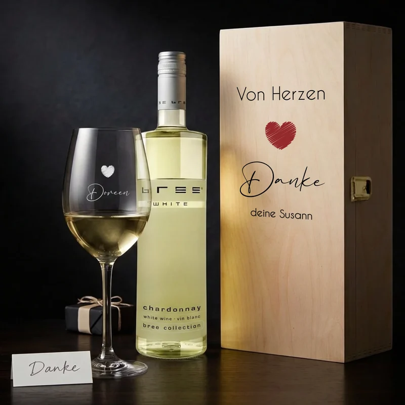 Individuell bedrucktes Weingeschenk "DANKE" mit Holzkiste und graviertem Glas
