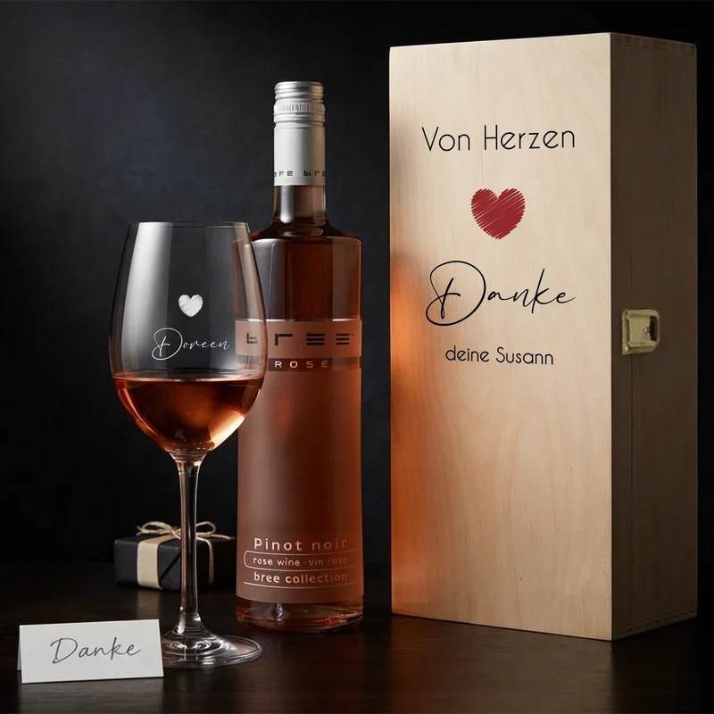 Individuell bedrucktes Weingeschenk "DANKE" mit Holzkiste und graviertem Glas