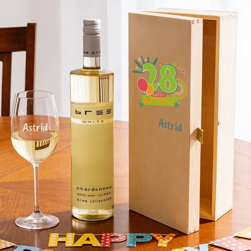 Geburtstagsgeschenk Bree-Weinset mit bedruckter Holzkiste und graviertem Glas