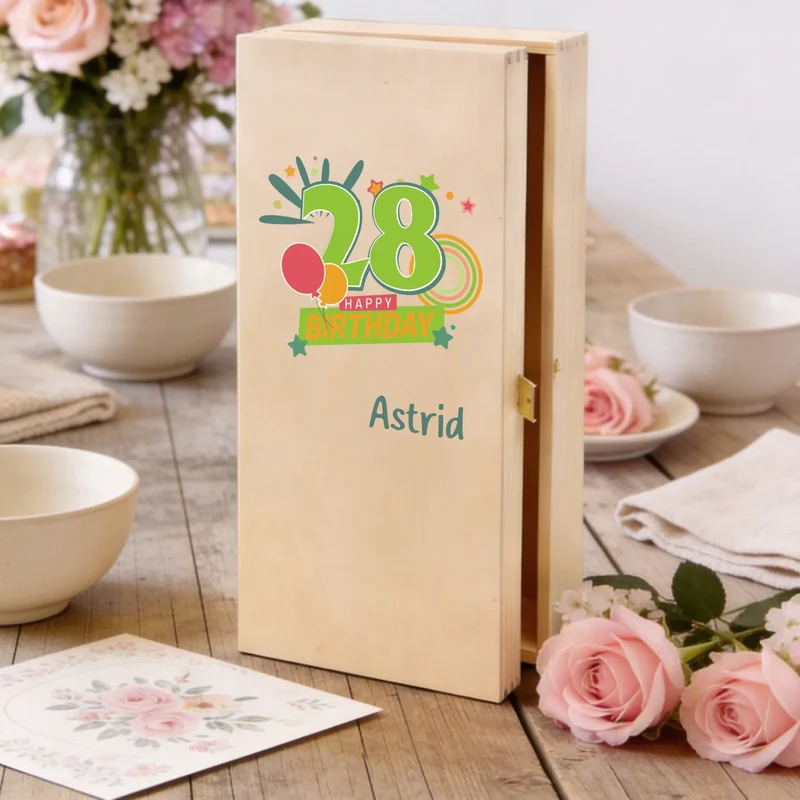 Geburtstagsgeschenk Bree-Weinset mit bedruckter Holzkiste und graviertem Glas