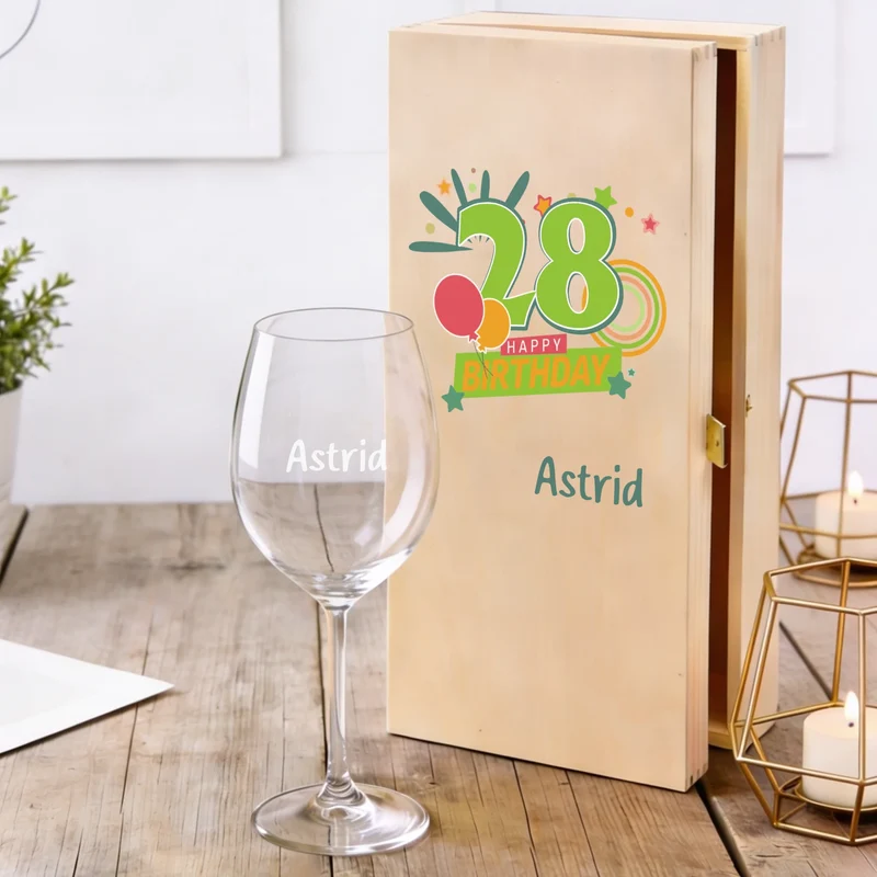 Geburtstagsgeschenk Bree-Weinset mit bedruckter Holzkiste und graviertem Glas