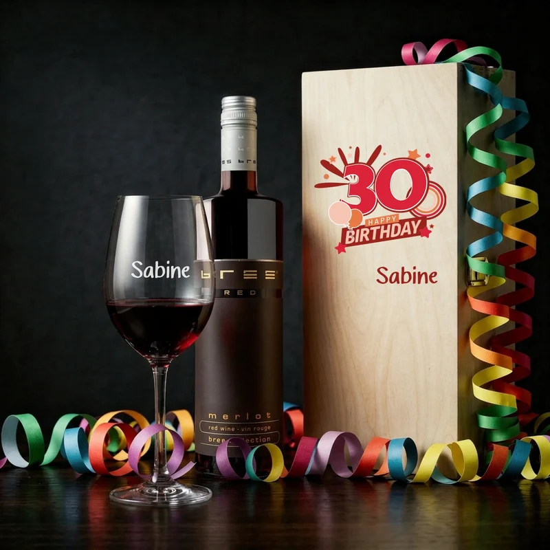 Bree-Weinset zum 30. Geburtstag mit bedruckter Holzkiste und graviertem Glas