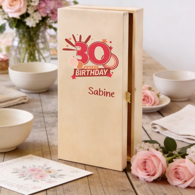 Bree-Weinset zum 30. Geburtstag mit bedruckter Holzkiste und graviertem Glas