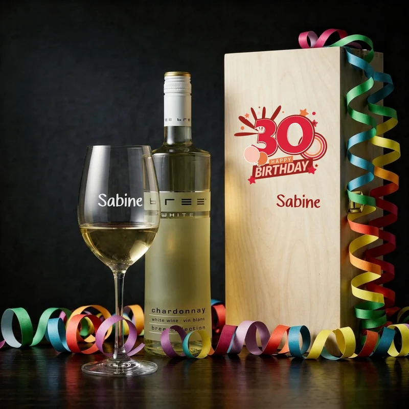 Bree-Weinset zum 30. Geburtstag mit bedruckter Holzkiste und graviertem Glas