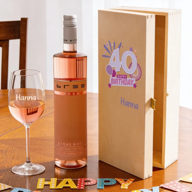 Bree-Weinset, graviertes Glas und bedruckte Holzbox zum 40. Geburtstag