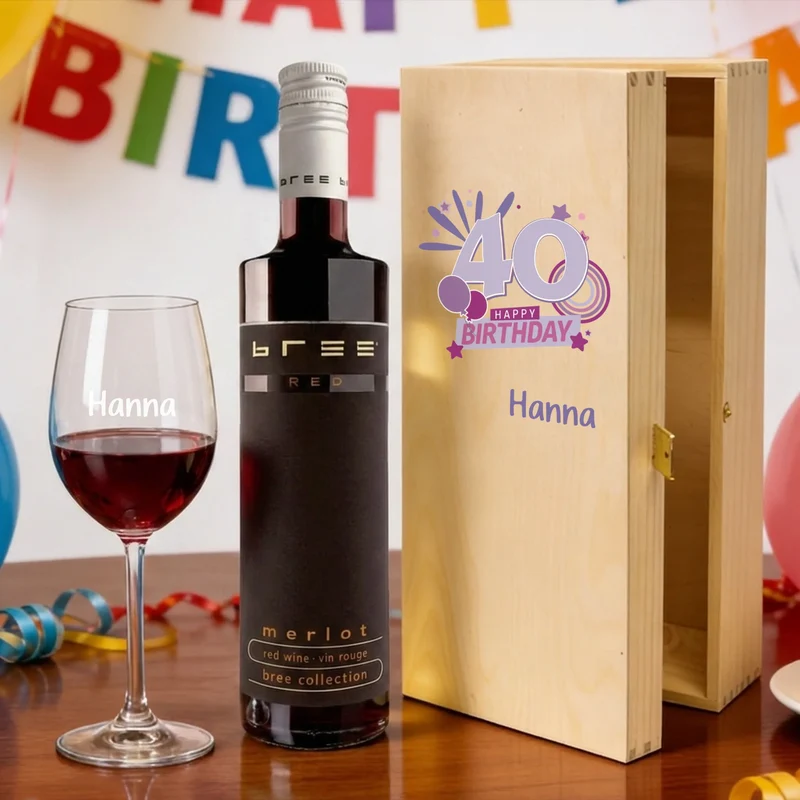 Bree-Weinset, graviertes Glas und bedruckte Holzbox zum 40. Geburtstag