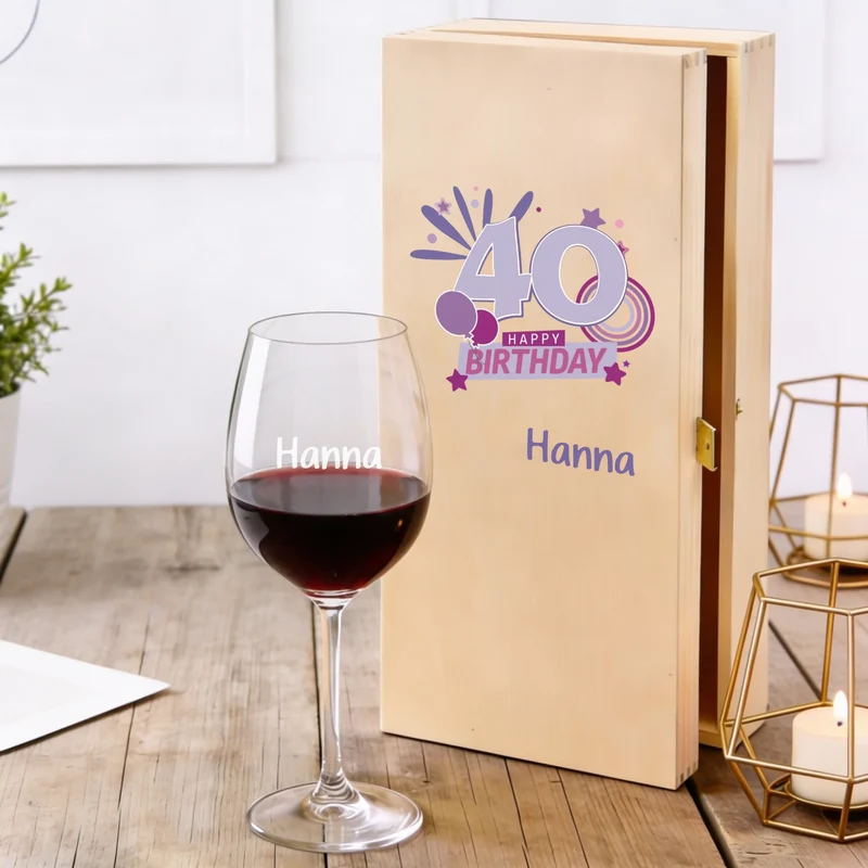 Bree-Weinset, graviertes Glas und bedruckte Holzbox zum 40. Geburtstag