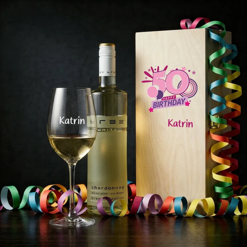 Personalisiertes Bree-Weinset 50. Geburtstag Glas und Holzbox als Geschenk